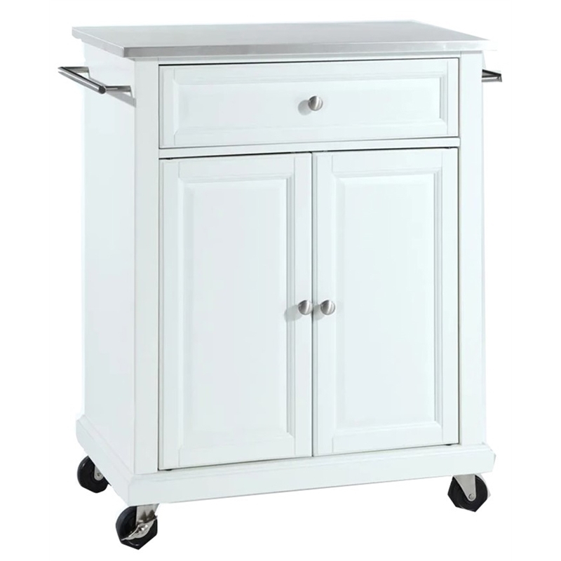 Pemberly Row Traditional Wood Kitchen Cart with Stainless Steel Top in White
