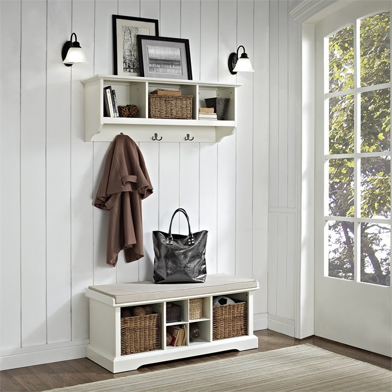 Pemberly Row 2 Piece Entryway Bench and Shelf Set in White | Cymax Business