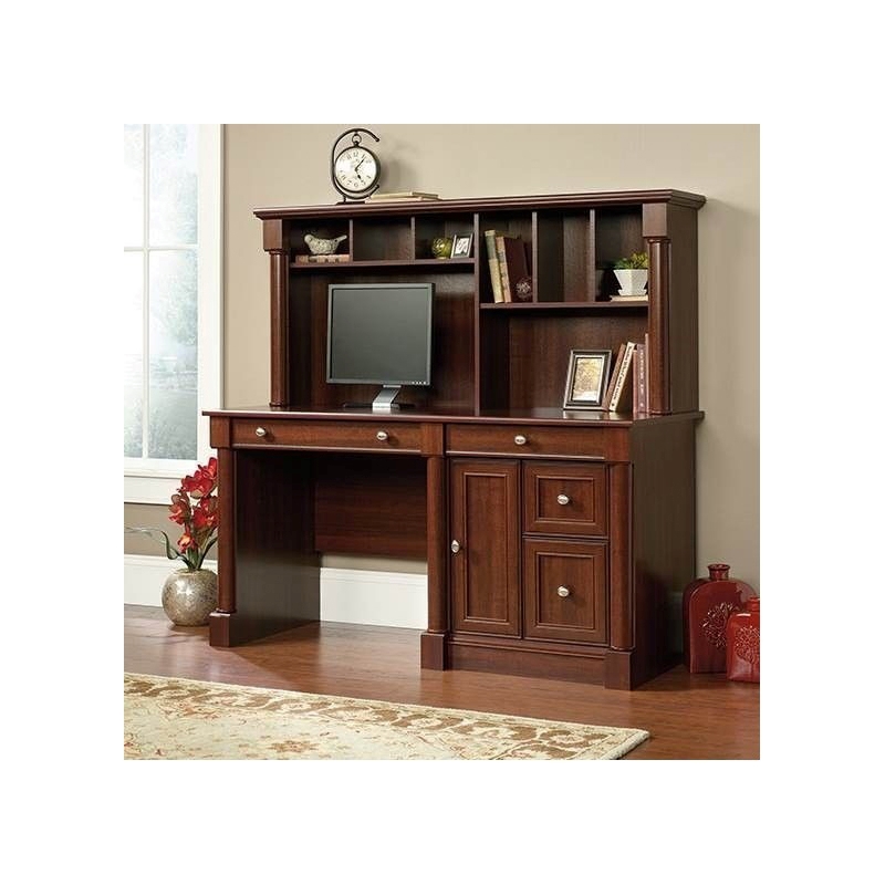 Pemberly Row Contemporary Wood Computer Desk with Hutch in Cherry