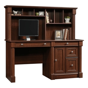 Pemberly Row Contemporary Wood Computer Desk with Hutch in Cherry
