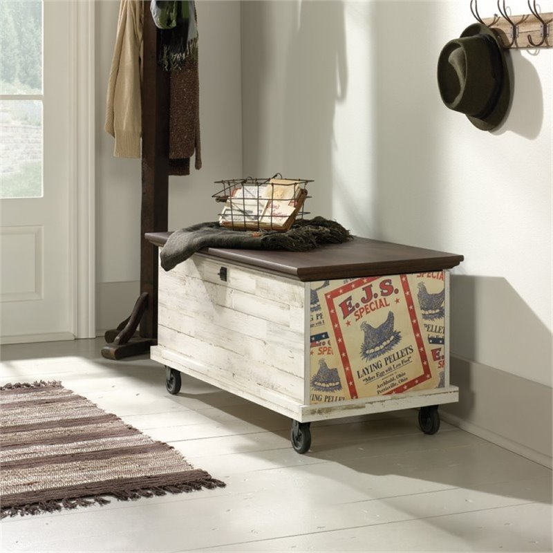 Pemberly Row Rolling Wood Trunk Coffee Table in White Plank PR1470571