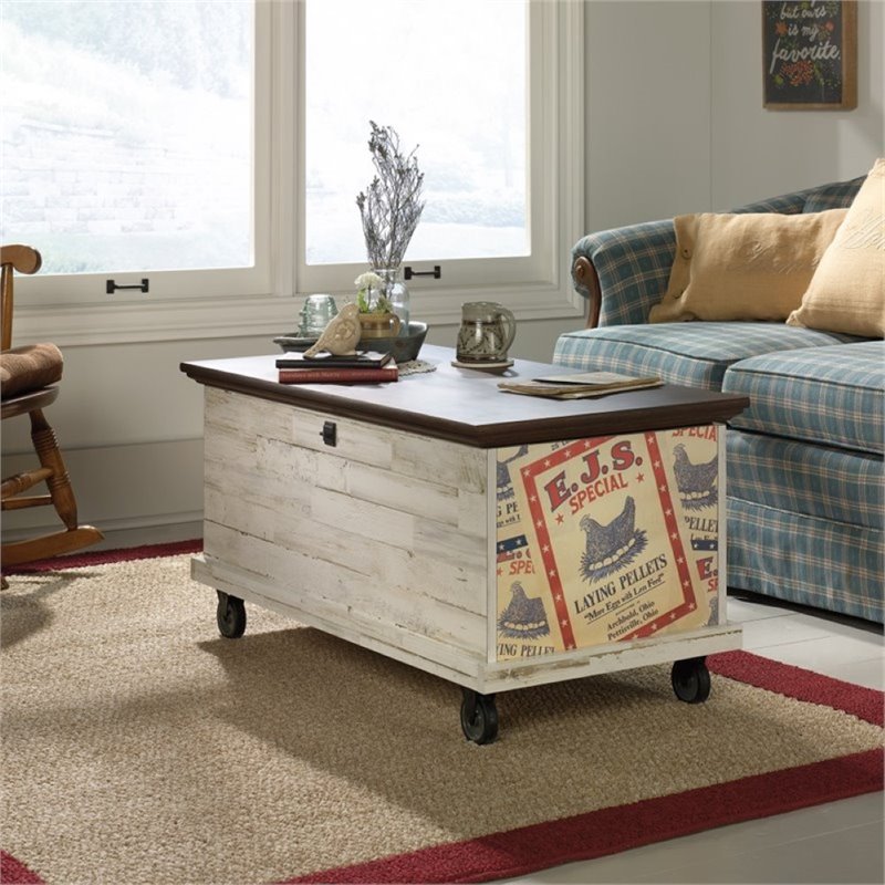 Pemberly Row Rolling Wood Trunk Coffee Table in White Plank PR1470571
