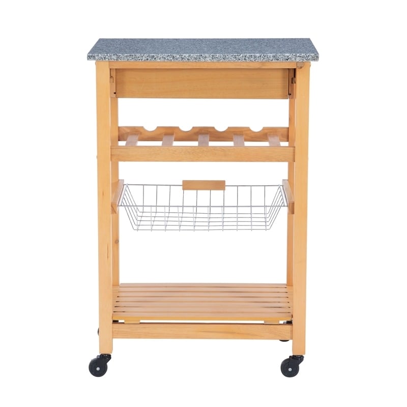 Pemberly Row Transitional Wood Kitchen Cart with Granite Top in Natural/Gray
