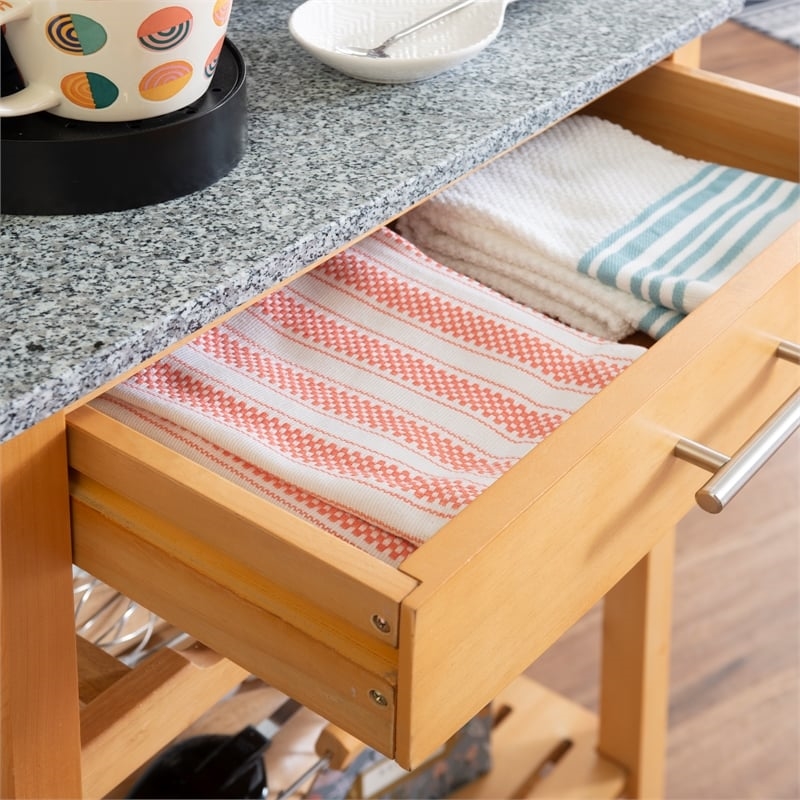 Pemberly Row Transitional Wood Kitchen Cart with Granite Top in Natural/Gray