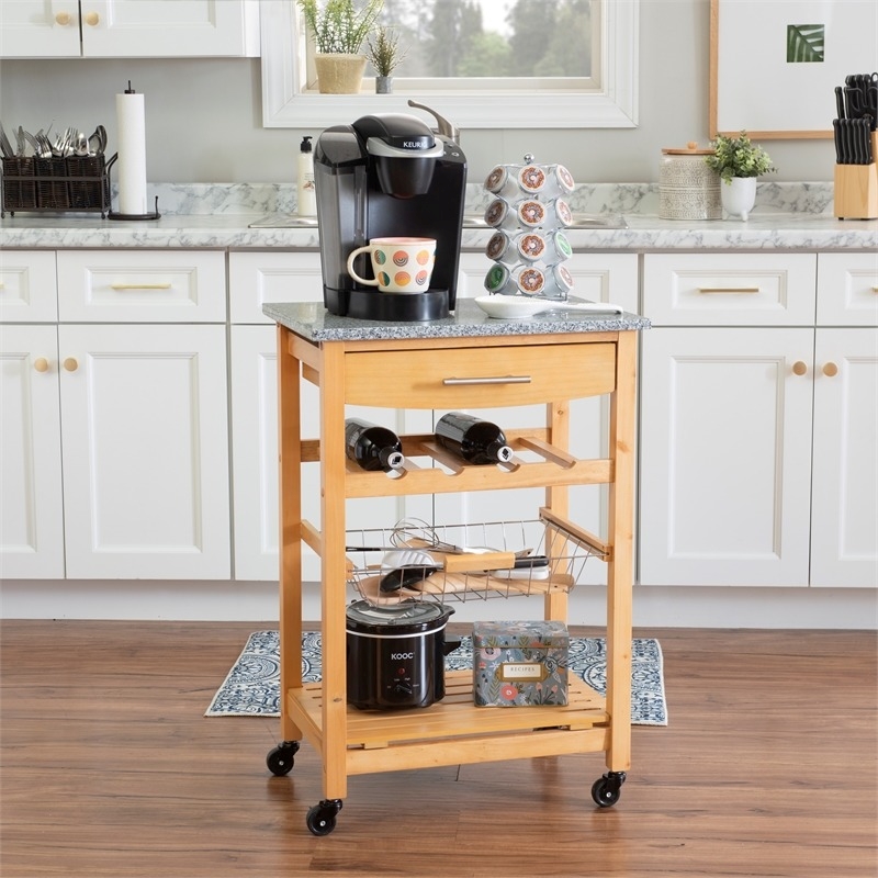 Pemberly Row Transitional Wood Kitchen Cart with Granite Top in Natural/Gray