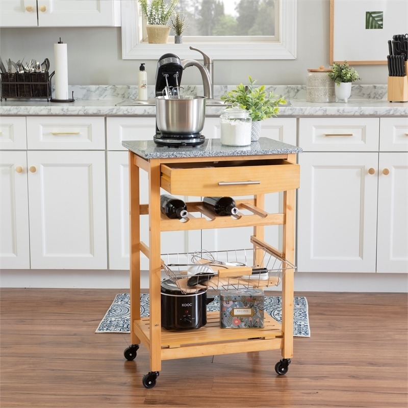 Pemberly Row Transitional Wood Kitchen Cart with Granite Top in Natural/Gray