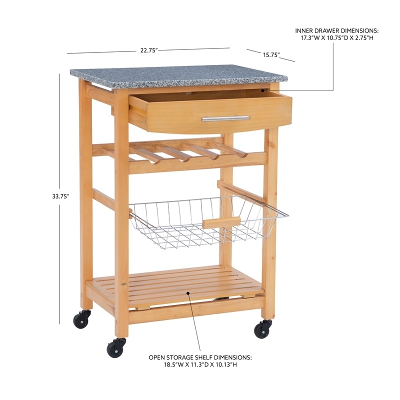 Pemberly Row Transitional Wood Kitchen Cart with Granite Top in Natural/Gray