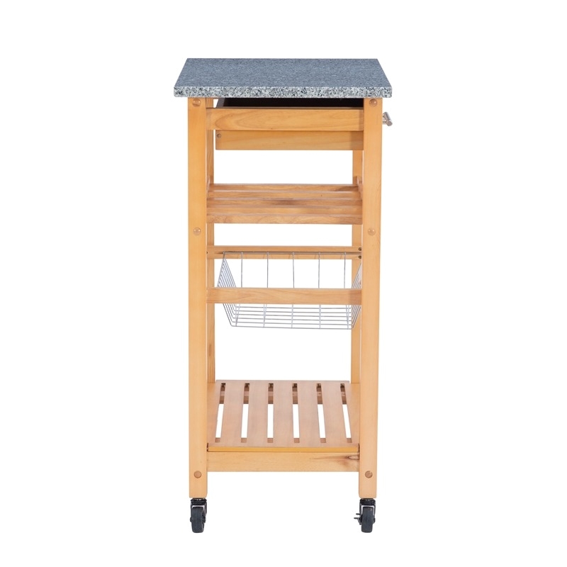 Pemberly Row Transitional Wood Kitchen Cart with Granite Top in Natural/Gray