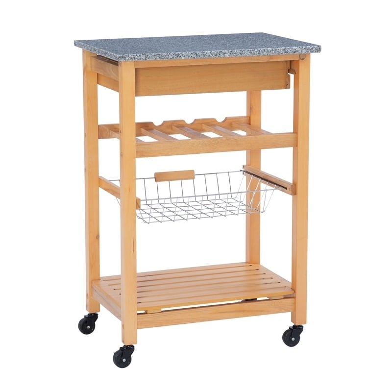 Pemberly Row Transitional Wood Kitchen Cart with Granite Top in Natural/Gray