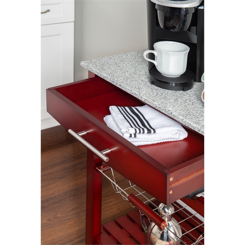 Pemberly Row Transitional Wood Kitchen Cart with Granite Top in Brown