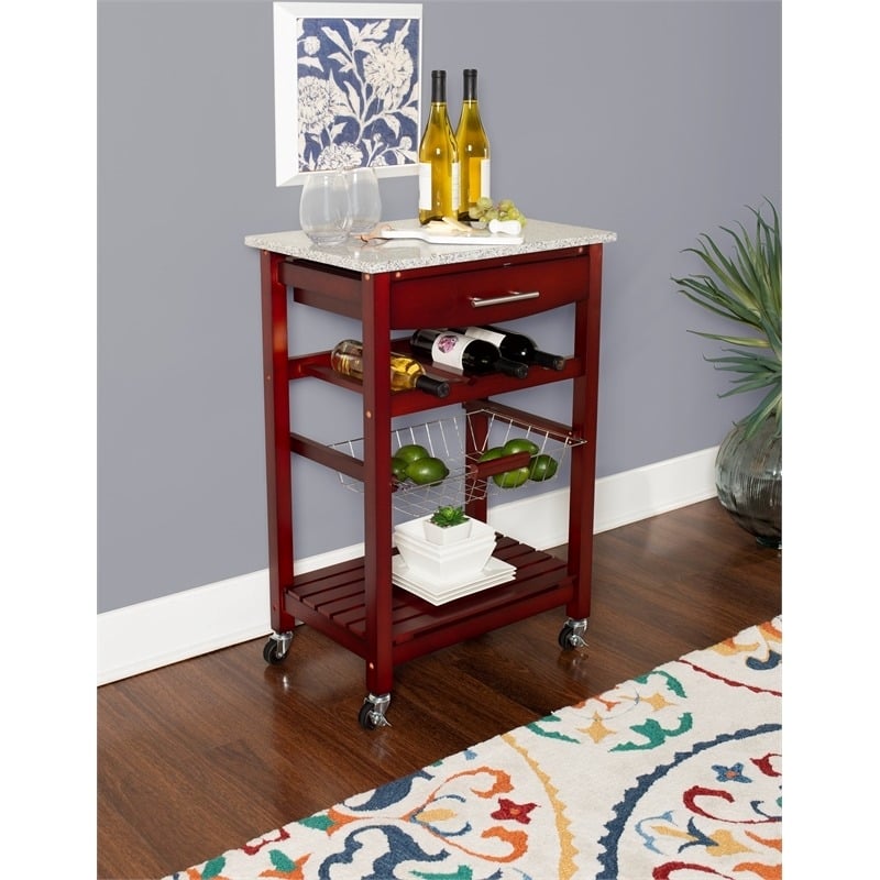 Pemberly Row Transitional Wood Kitchen Cart with Granite Top in Brown