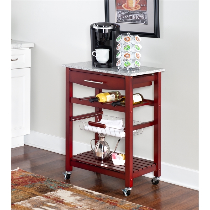 Pemberly Row Transitional Wood Kitchen Cart with Granite Top in Brown