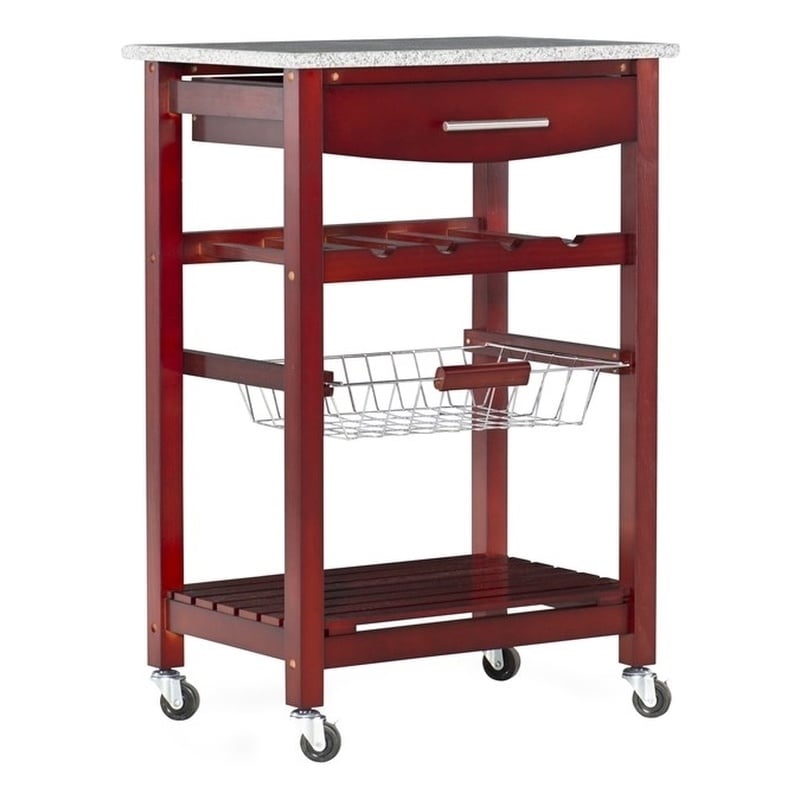 Pemberly Row Transitional Wood Kitchen Cart with Granite Top in Brown