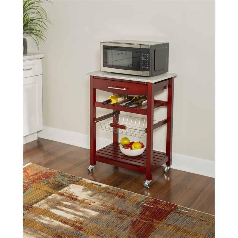 Pemberly Row Transitional Wood Kitchen Cart with Granite Top in Brown