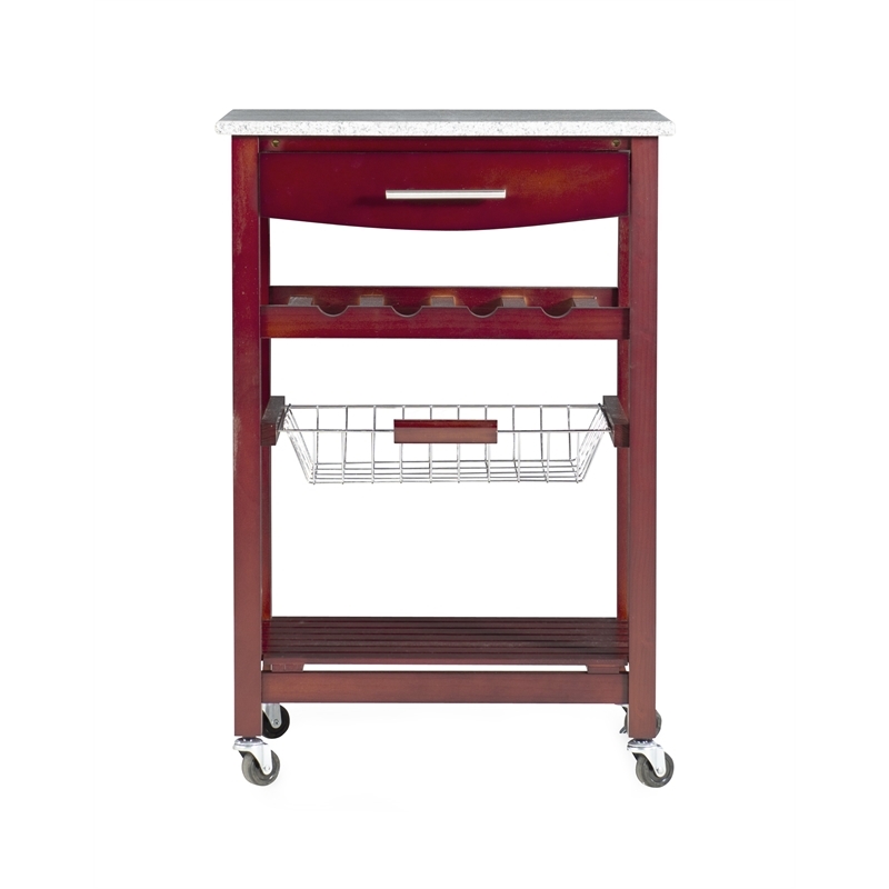 Pemberly Row Transitional Wood Kitchen Cart with Granite Top in Brown
