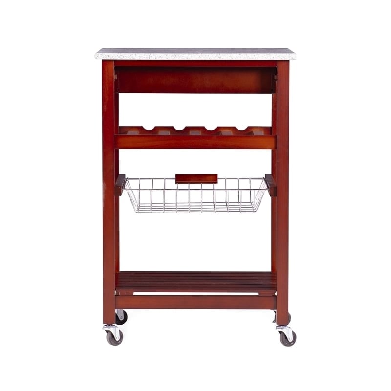 Pemberly Row Transitional Wood Kitchen Cart with Granite Top in Brown