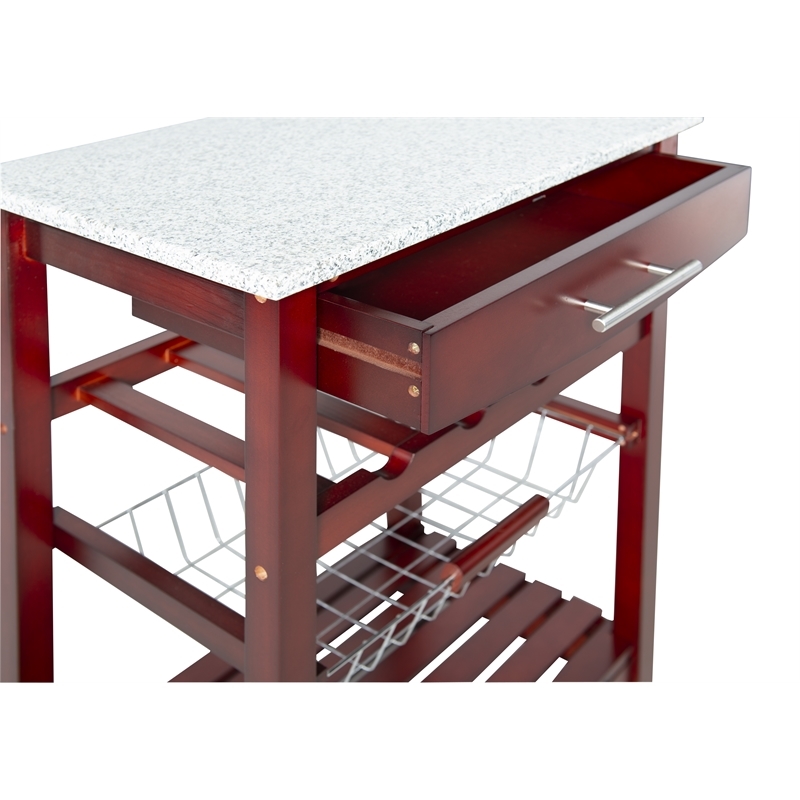 Pemberly Row Transitional Wood Kitchen Cart with Granite Top in Brown