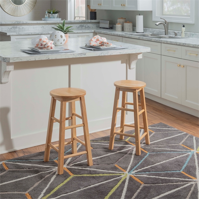 Pemberly Row Wood Bar Stool Chair in Brown With Round Seat & Footrest