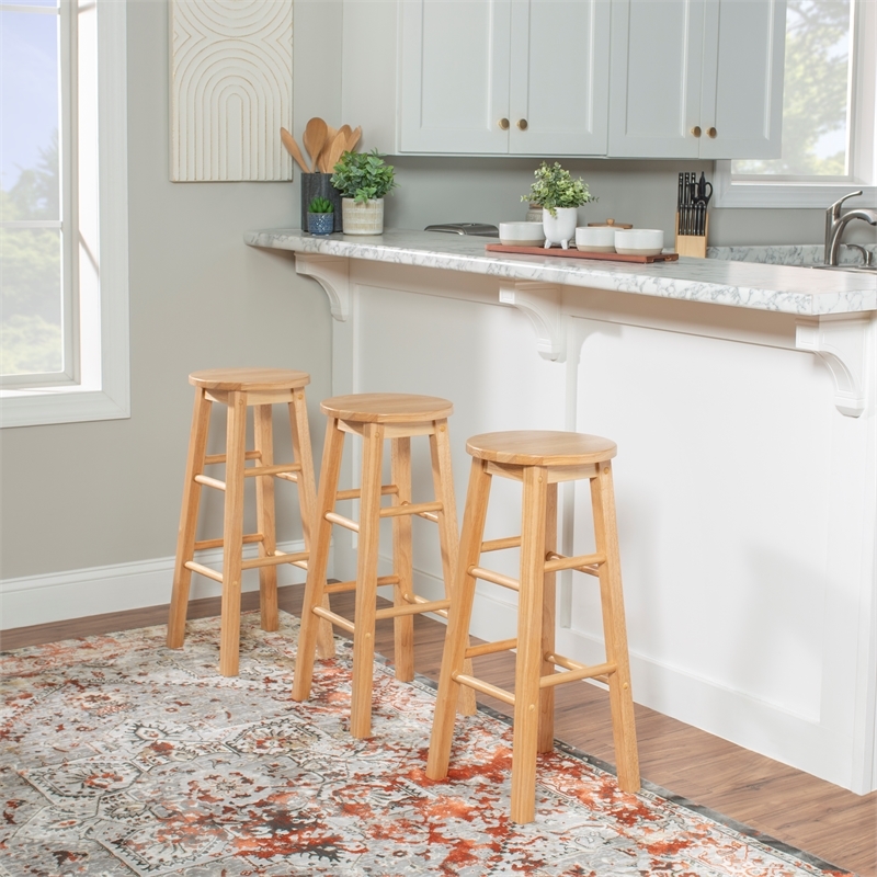 Pemberly Row Wood Bar Stool Chair in Natural With Round Seat & Footrest