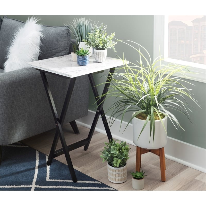 Pemberly Row 5-Piece Marble Folding Tray Table Set w/ Stand in White/Black