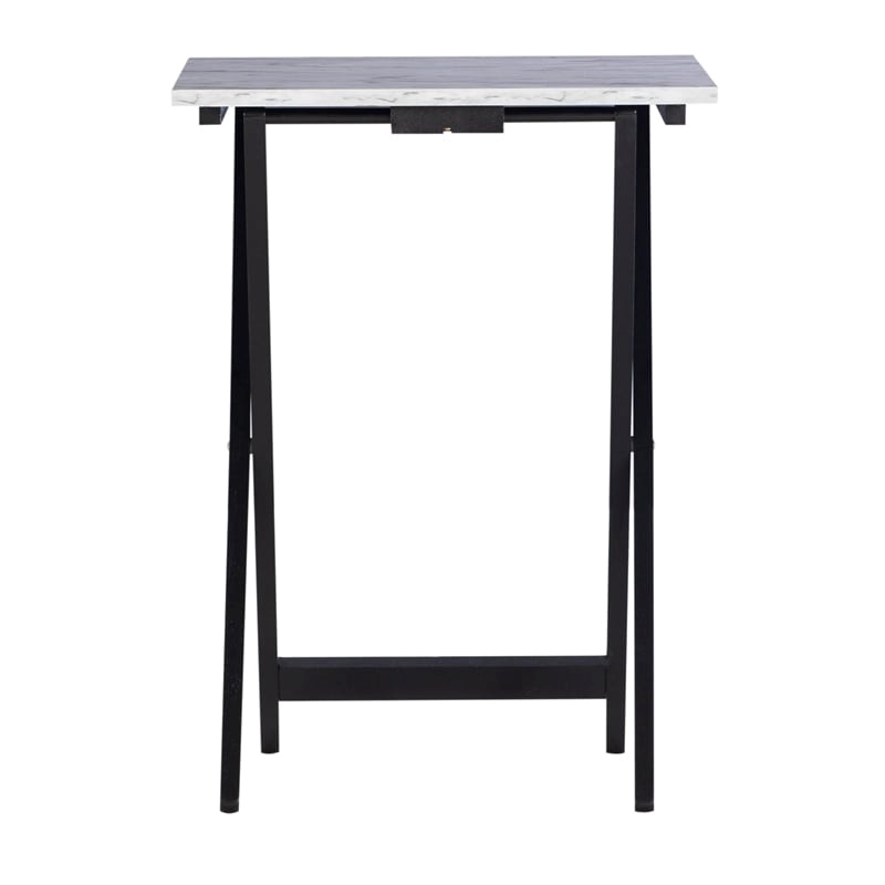 Pemberly Row 5-Piece Marble Folding Tray Table Set w/ Stand in White/Black