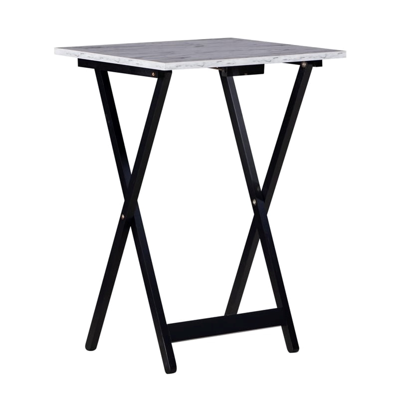 Pemberly Row 5-Piece Marble Folding Tray Table Set w/ Stand in White/Black