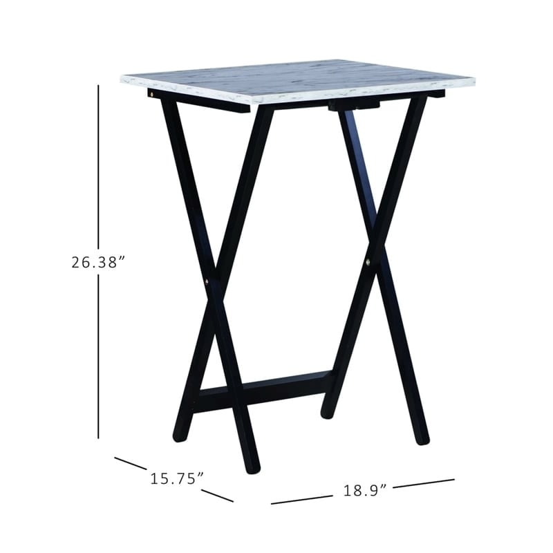 Pemberly Row 5-Piece Marble Folding Tray Table Set w/ Stand in White/Black