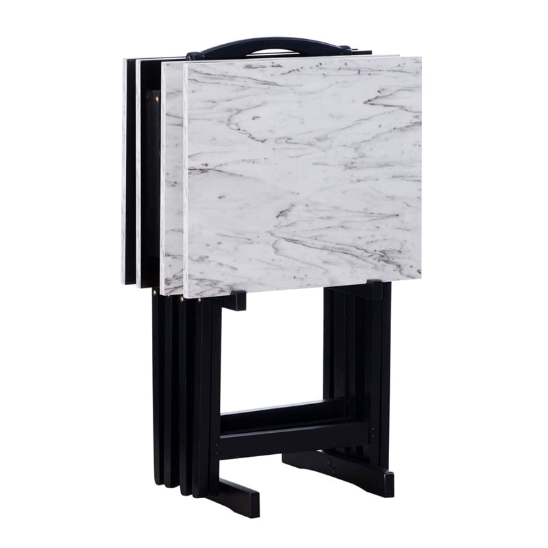 Pemberly Row 5-Piece Marble Folding Tray Table Set w/ Stand in White/Black