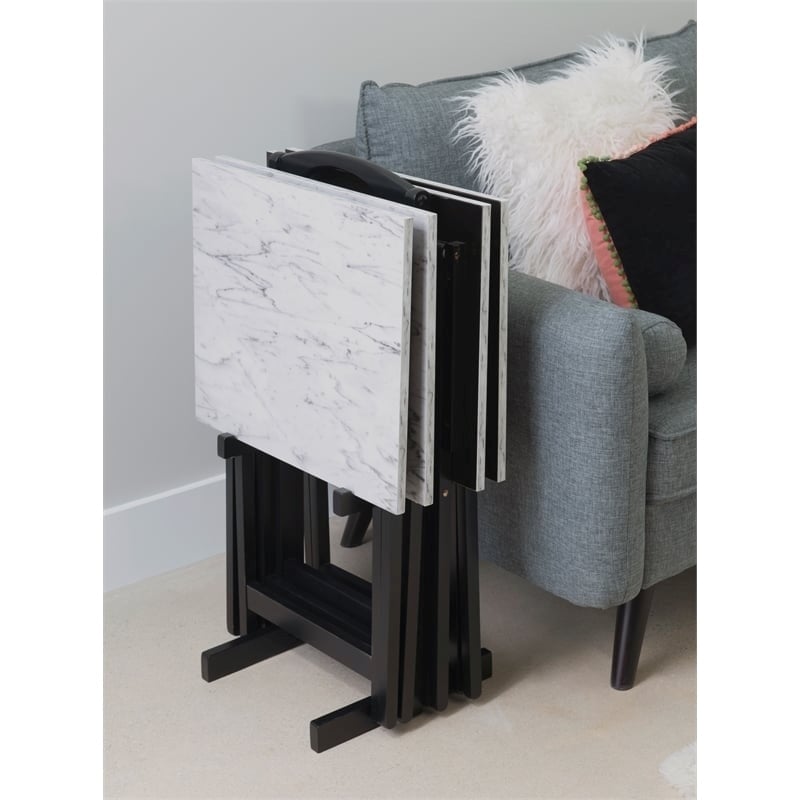Pemberly Row 5-Piece Marble Folding Tray Table Set w/ Stand in White/Black