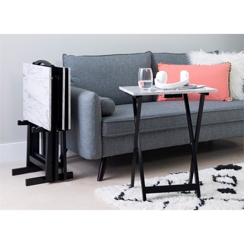 Pemberly Row 5-Piece Marble Folding Tray Table Set w/ Stand in White/Black