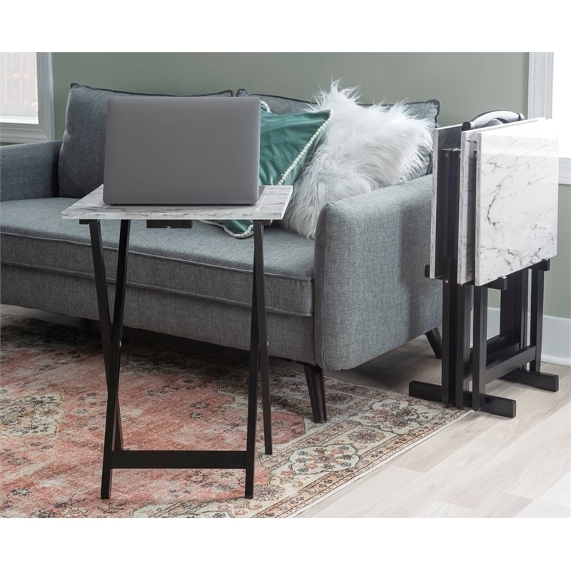 Pemberly Row 5-Piece Marble Folding Tray Table Set w/ Stand in White/Black