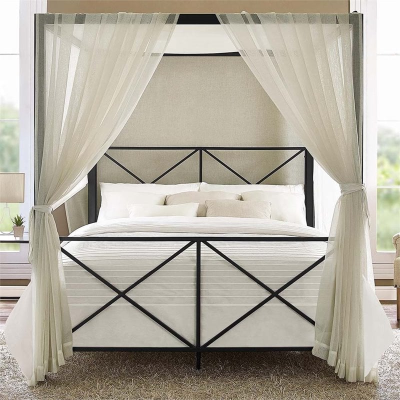 Pemberly Row Modern Queen Metal Canopy Bed in Black