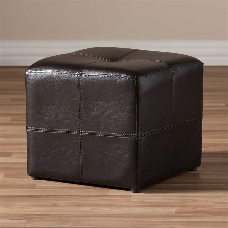 Pemberly Row Leather Cube Ottoman in Dark Brown