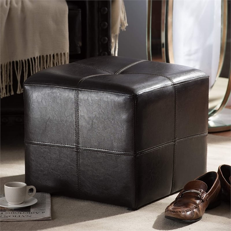 Pemberly Row Leather Cube Ottoman in Dark Brown