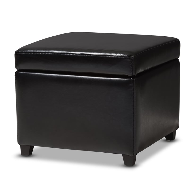 Pemberly Row Square Leather Storage Ottoman in Black
