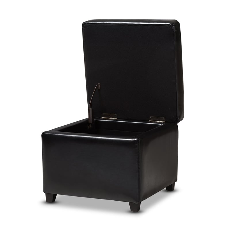 Pemberly Row Square Leather Storage Ottoman in Black