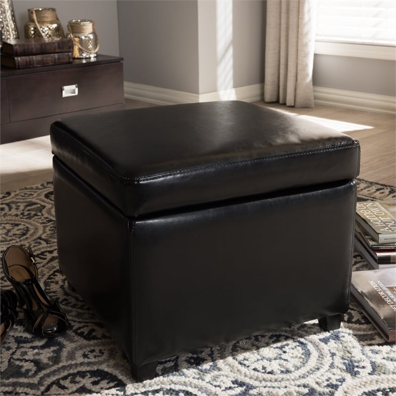 Pemberly Row Square Leather Storage Ottoman in Black