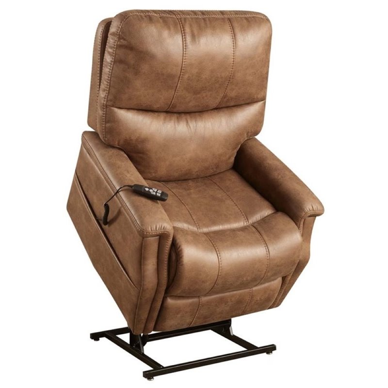Pemberly Row Faux Leather Dual Motor Lift Recliner in Saddle Brown