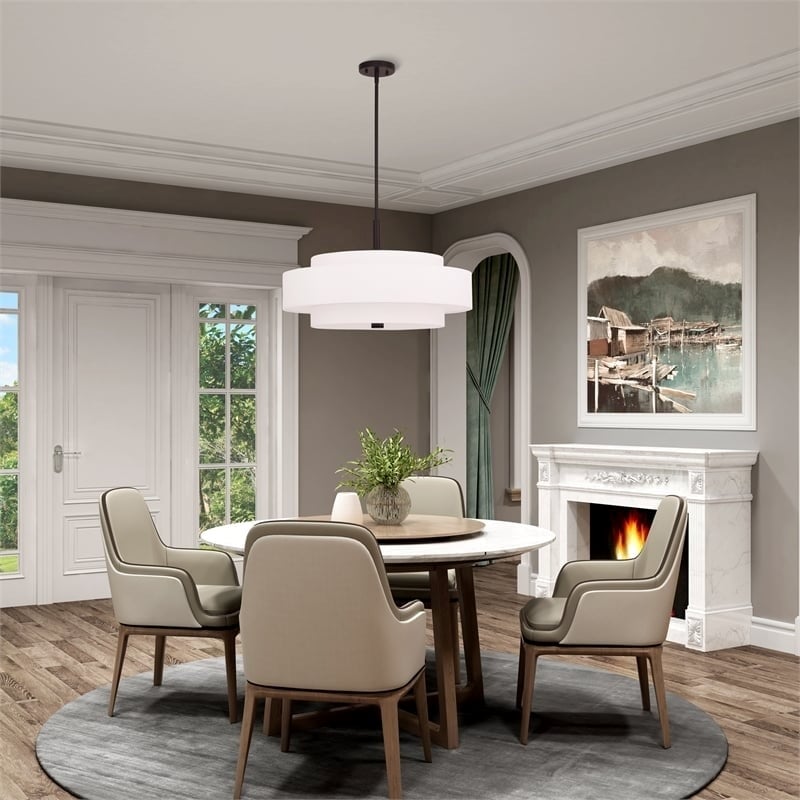 Pemberly Row 5-Light Mid-Century Metal & Fabric Pendant in Bronze/Off White