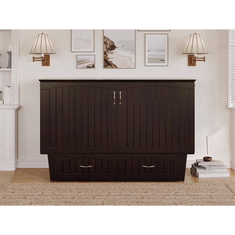 Pemberly Row Farmhouse Solid Wood Queen Murphy Bed Chest in Espresso