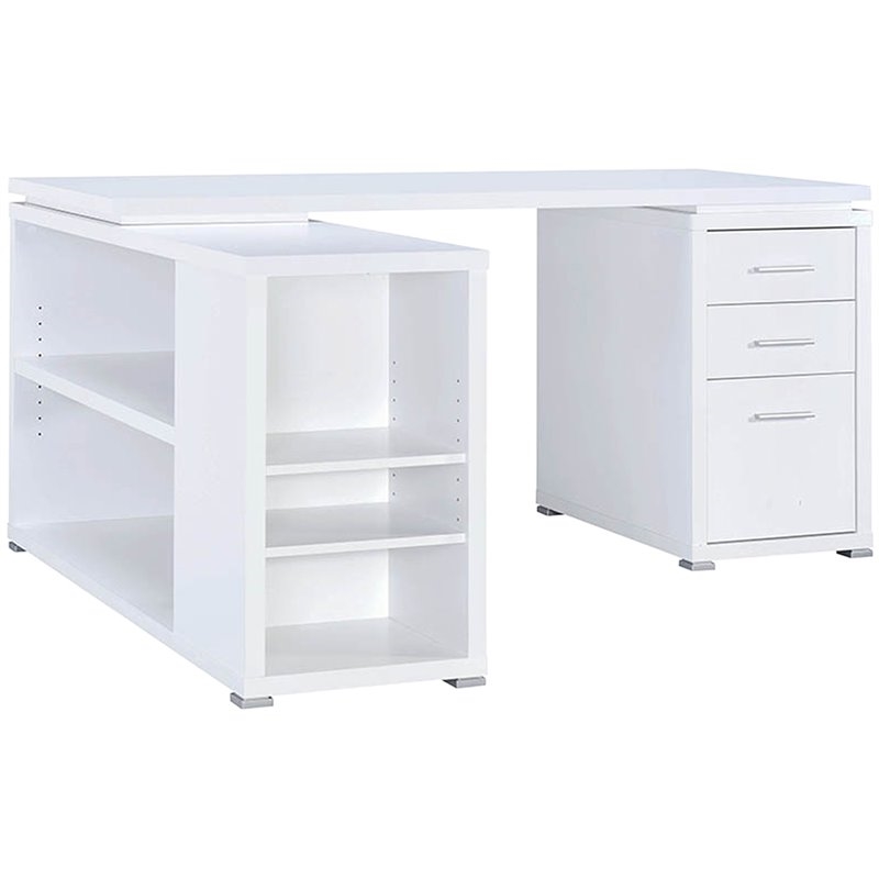 Pemberly Row Contemporary Wood L Shaped Writing Desk in White/Silver