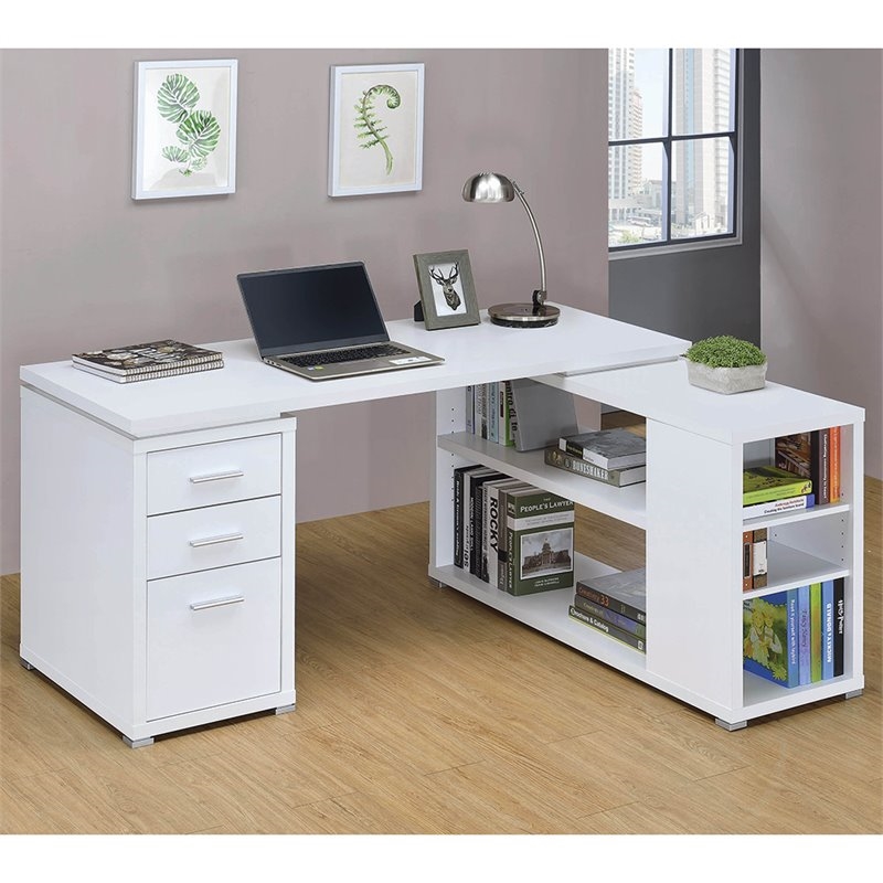 Pemberly Row Contemporary Wood L Shaped Writing Desk in White/Silver