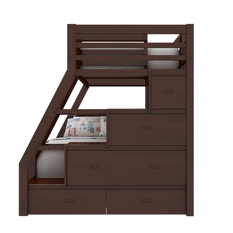 Pemberly Row Contemporary Pine Wood Twin over Full Storage Bunk Bed in Espresso