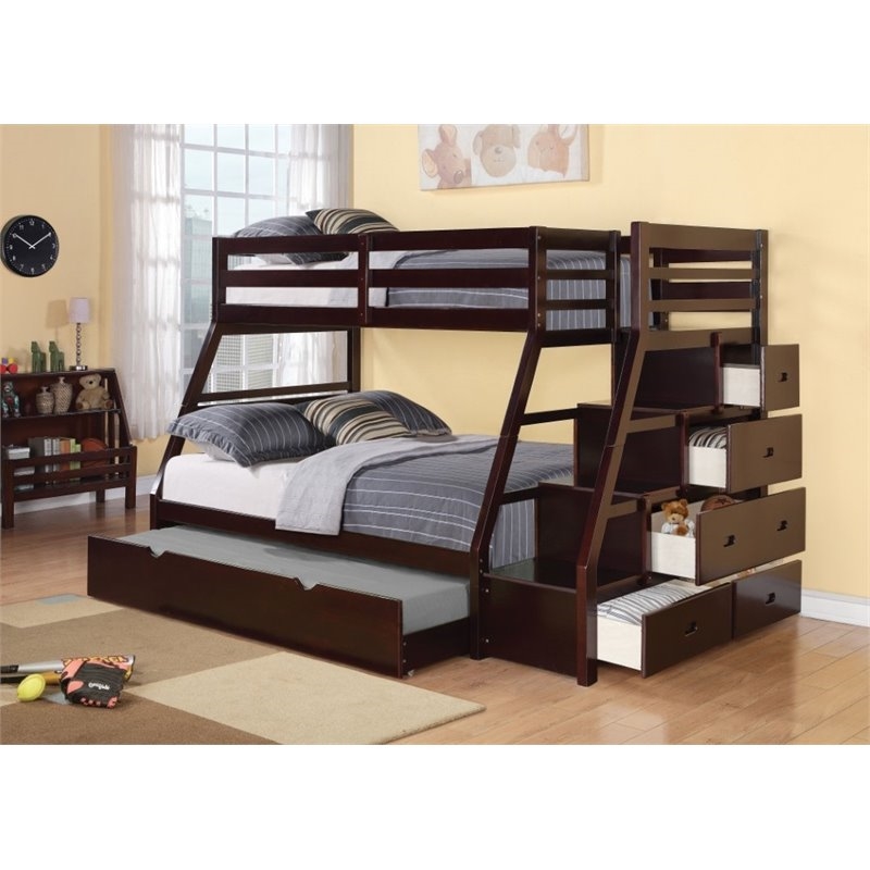 Pemberly Row Contemporary Pine Wood Twin over Full Storage Bunk Bed in Espresso