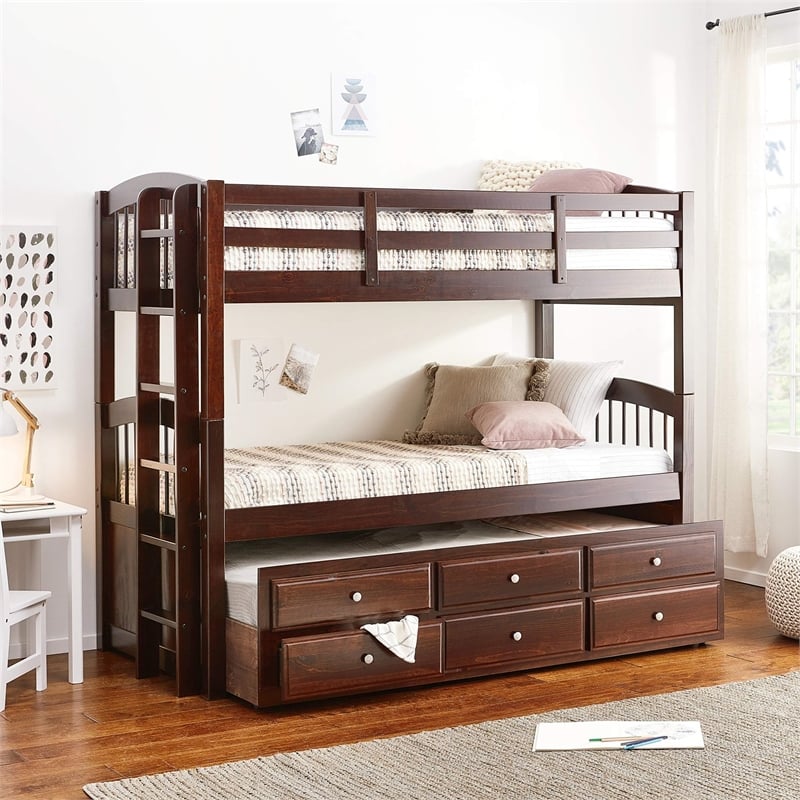Pemberly Row Contemporary Wood Twin over Twin Storage Bunk Bed in Espresso