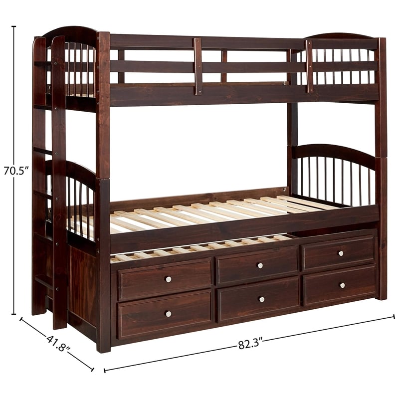Pemberly Row Contemporary Wood Twin over Twin Storage Bunk Bed in Espresso