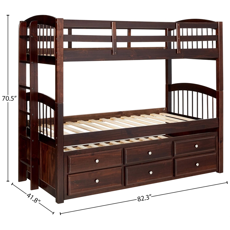 Pemberly Row Contemporary Wood Twin over Twin Storage Bunk Bed in Espresso