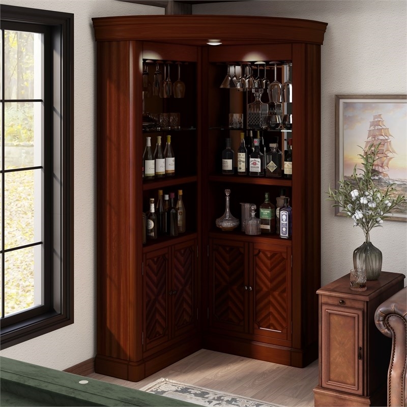 Pemberly Row Traditional Wood Corner Home Bar in Dark Cherry