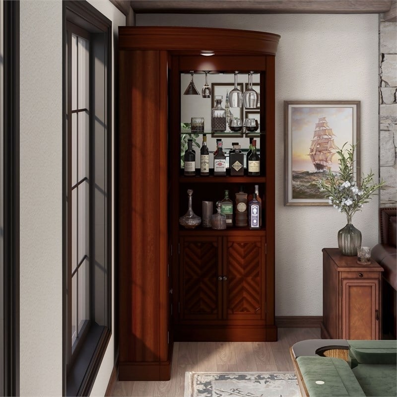 Pemberly Row Traditional Wood Corner Home Bar in Dark Cherry