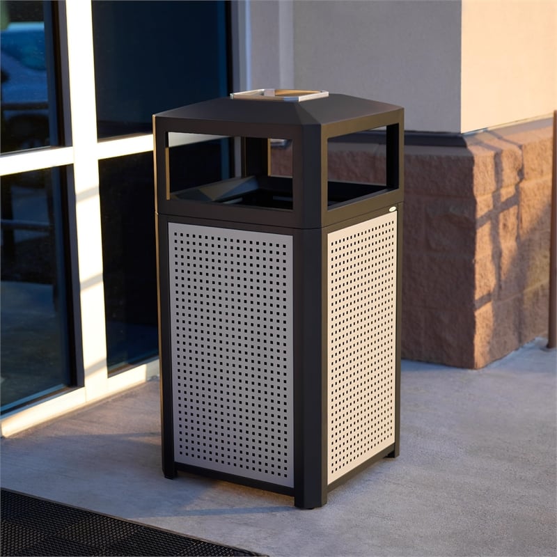 Pemberly Row Metal Trash Receptacle in Black and Steel Ash